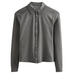 Boden Fitted Gray Green & Metallic Gold Polka Dot  Print Jersey Knit Shirt - 6